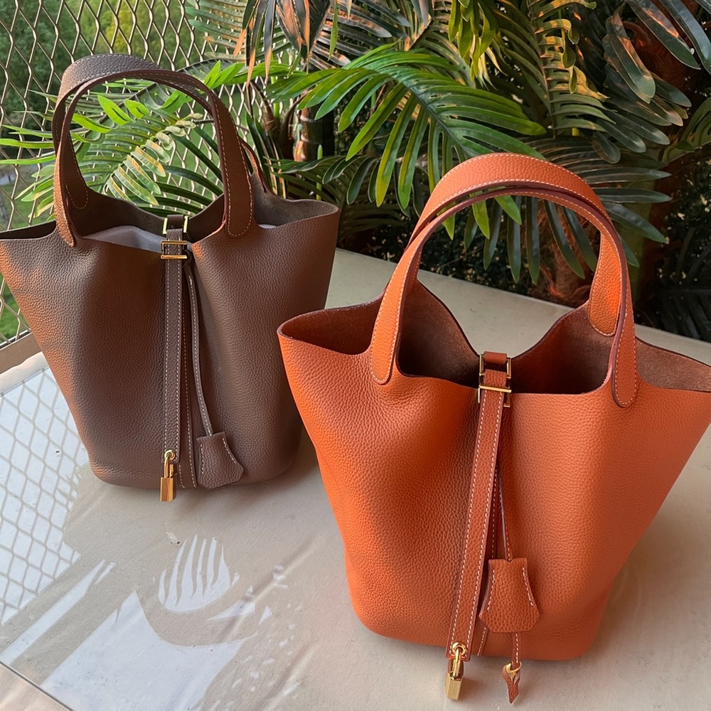 Leather Tote Bucket Bag - Golden Brown